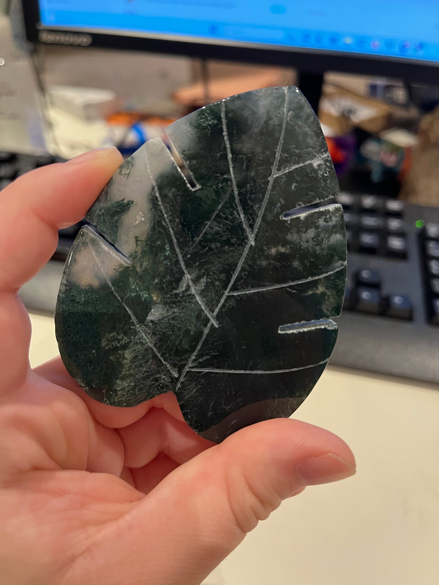 Large Moss Agate Leaf Crystal Carving