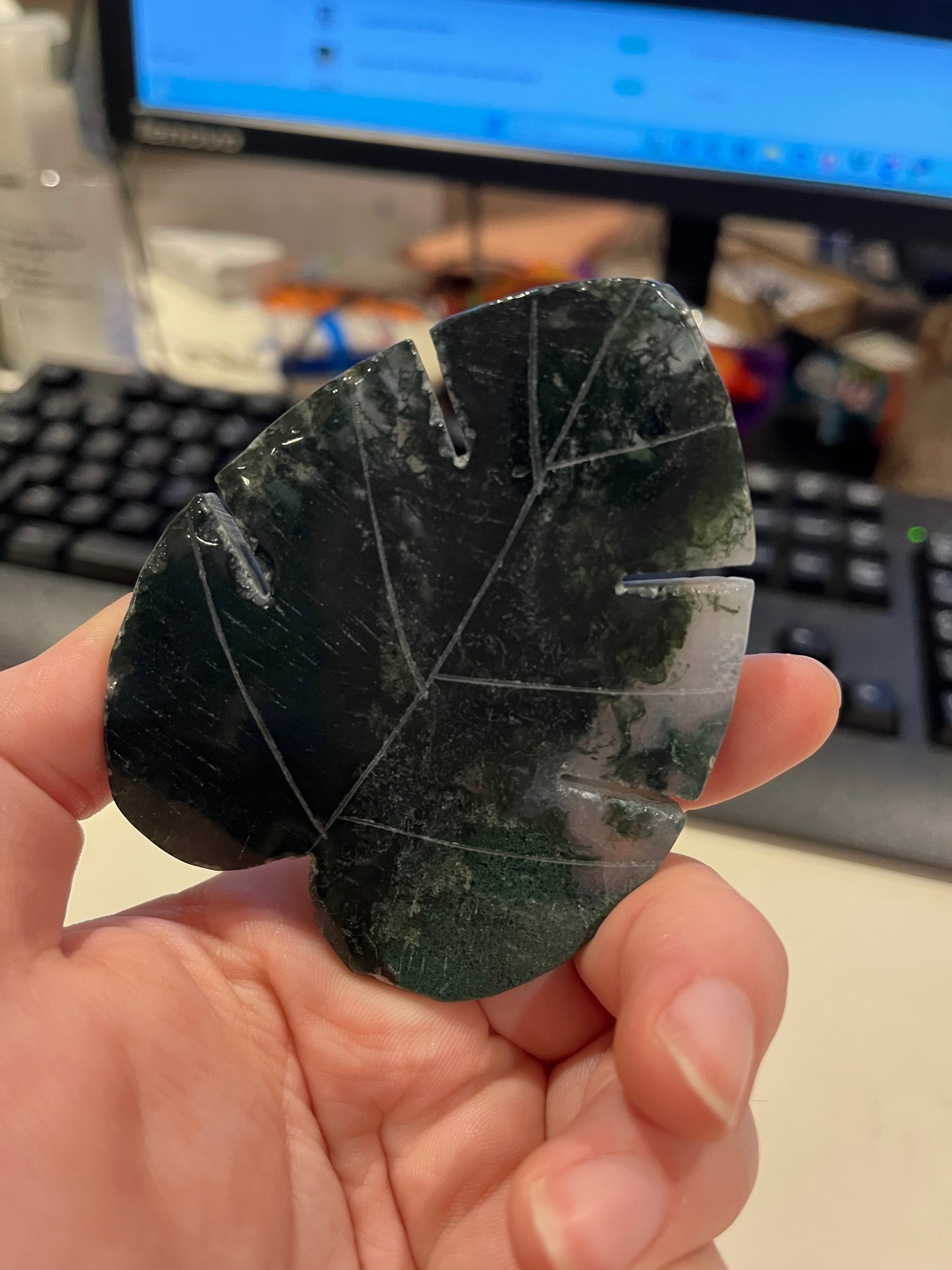 Large Moss Agate Leaf Crystal Carving