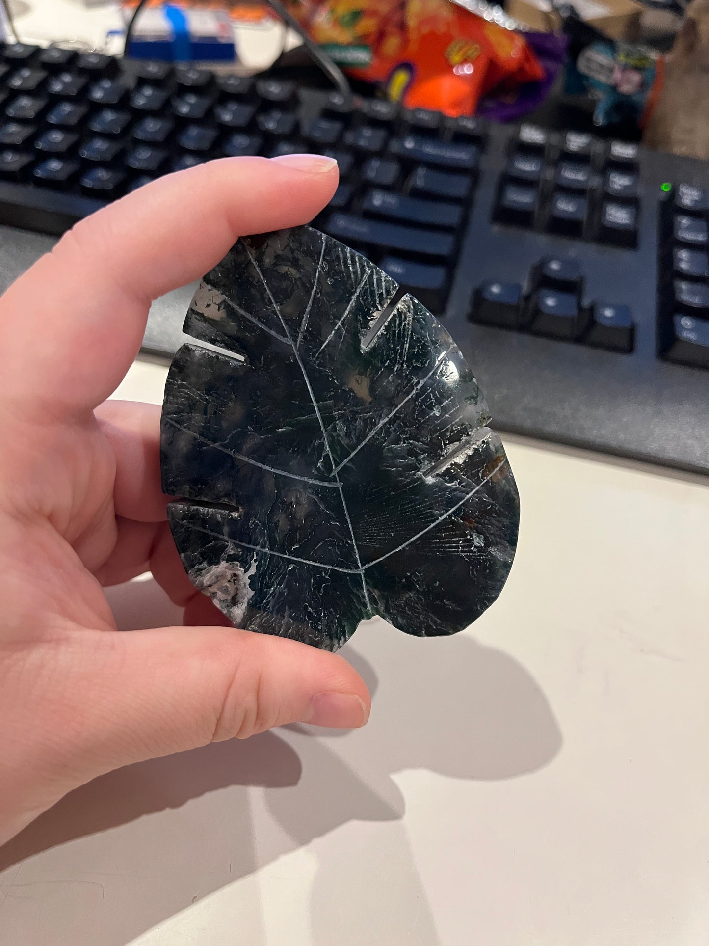 Large Moss Agate Leaf Crystal Carving