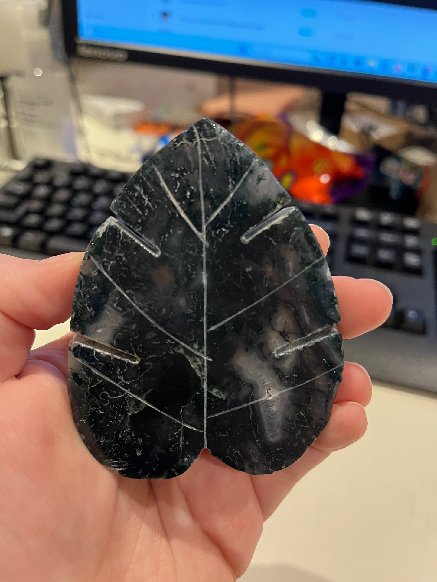 Large Moss Agate Leaf Crystal Carving