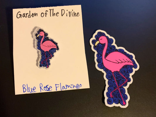 Blue Rose Flamingo Sticker / Acrylic Pin